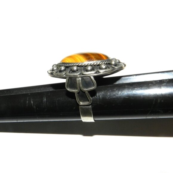 Vintage Taxco Mexico 925 Sterling Silver Tiger Eye Oval Ring Size 6.5 Rare!! - Picture 11 of 14